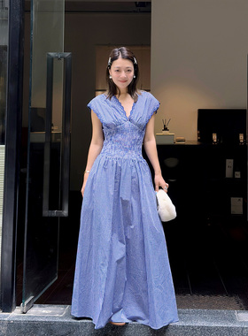 LEDIM WANG【白标系列】法式格纹V领无袖连衣裙新款女夏长裙蓝色