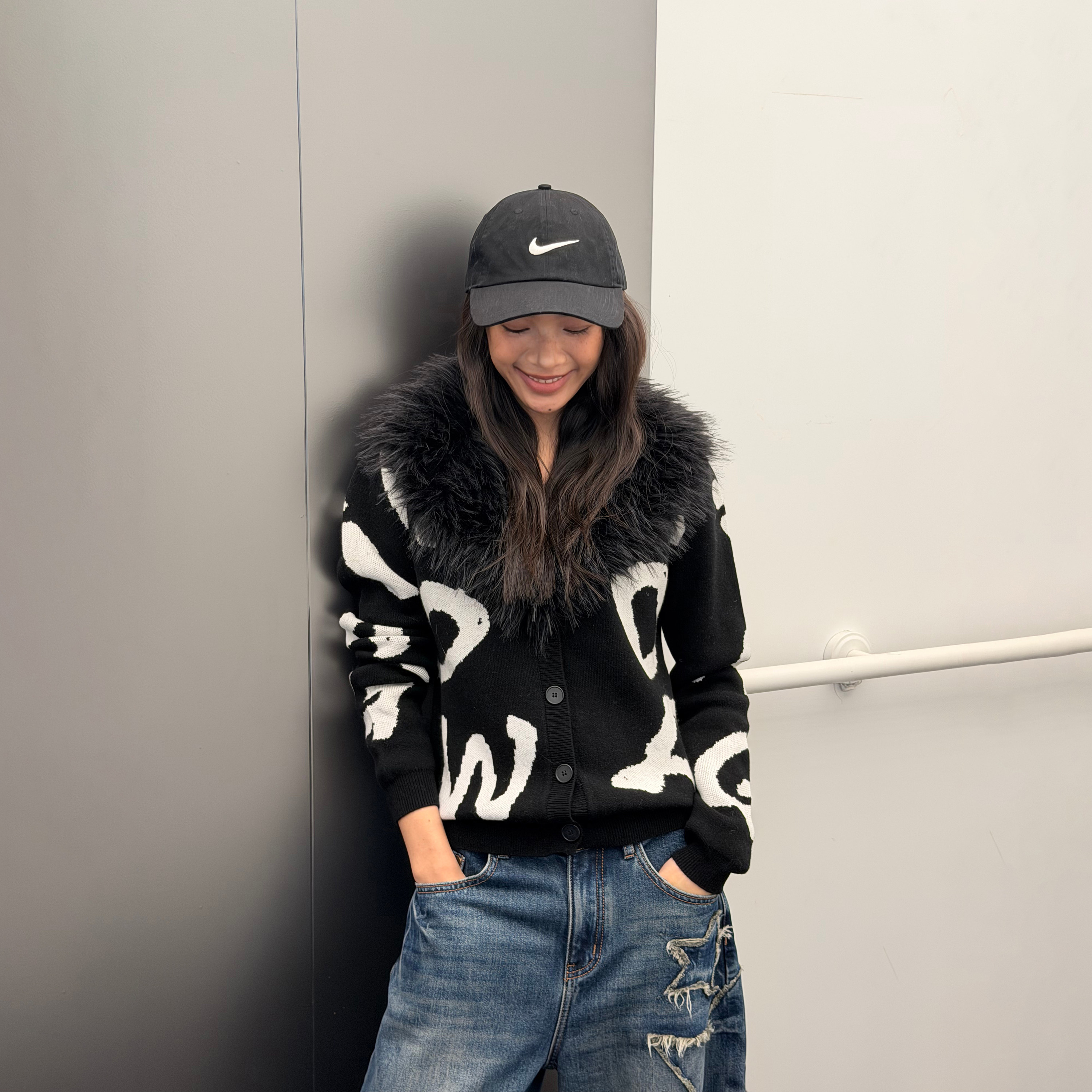 LEDIM WANG白标/字母印花可拆毛领针织衫开衫女上衣25秋冬新款