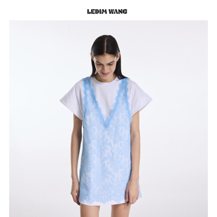 LEDIM 溪水蓝色套头T恤裙 WANG假两件蕾丝连衣裙女2026春夏新款