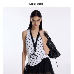 LEDIM WANG黑白波点珠片吊带背心女U领白色收腰上衣2026春夏新款