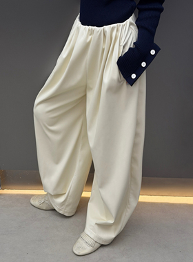 LEDIM WANG白标/慵懒垂感气球皮裤女白色宽松阔腿长裤25秋冬新款