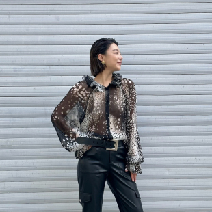 女黑色上衣25秋新款 野性豹纹解构雪纺荷叶领衬衫 WANG黑标 LEDIM