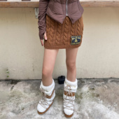 LEDIM 棕短裙25冬新款 WANG白标 麻花编织针织直筒半身裙女慵懒黑