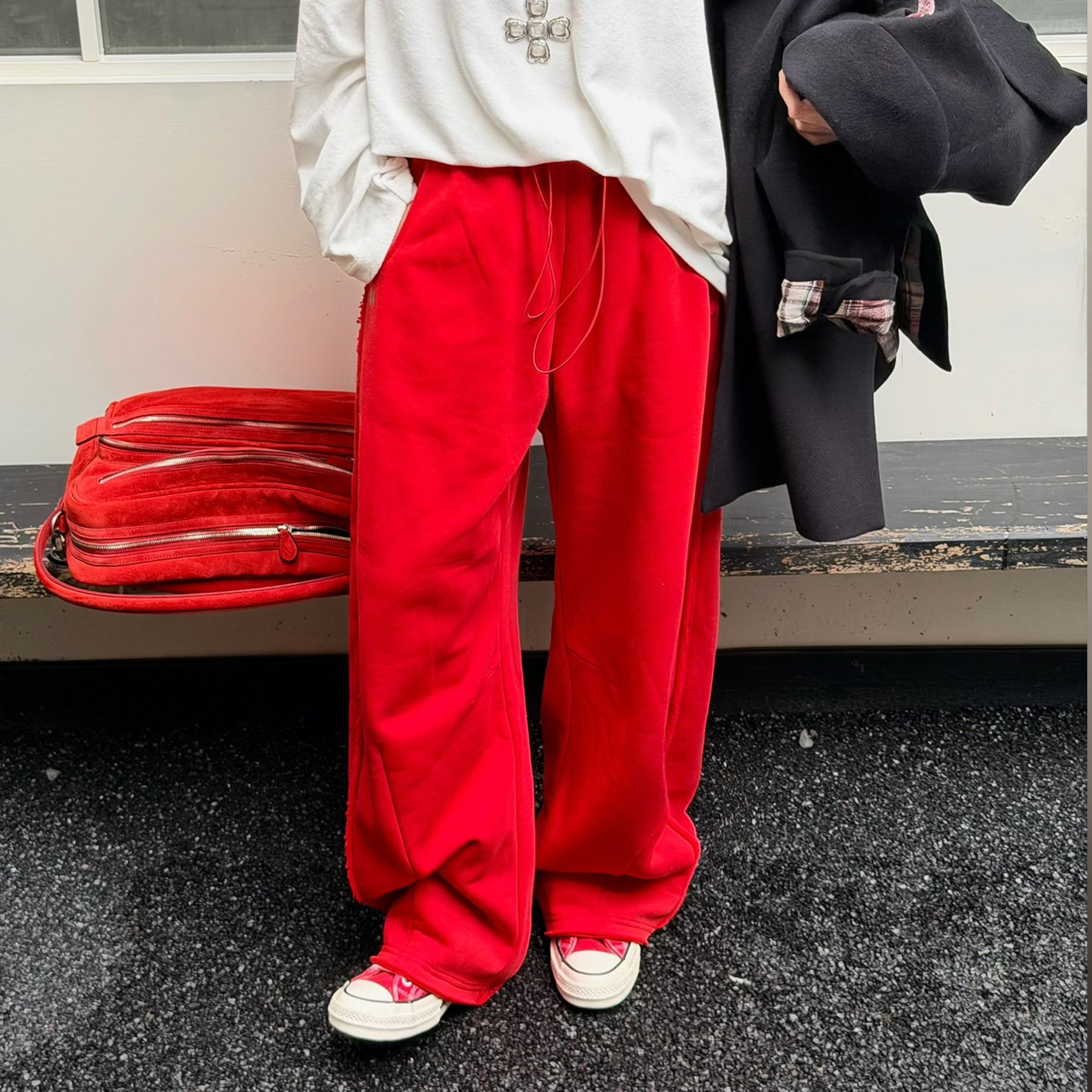 LEDIM WANG红标/红色弯刀针织卫裤女松紧腰阔腿长裤2025秋冬新款