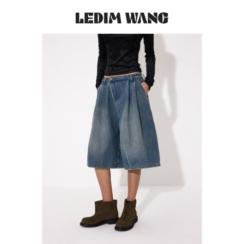 LEDIMWANG复古加绒阔腿牛仔裤