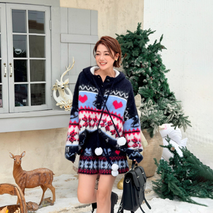 LEDIM WANG红标雪境小马费尔岛毛衣女藏蓝连帽套头上衣25秋冬新款