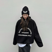 LEDIM 新款 WANG字母印花连帽套头卫衣女黑色百搭宽松长袖 外套秋季