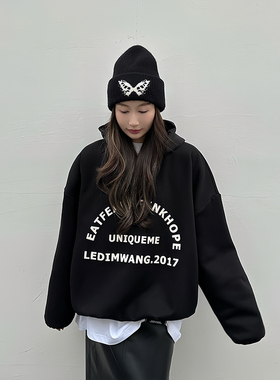 LEDIM WANG字母印花连帽套头卫衣女黑色百搭宽松长袖外套秋季新款