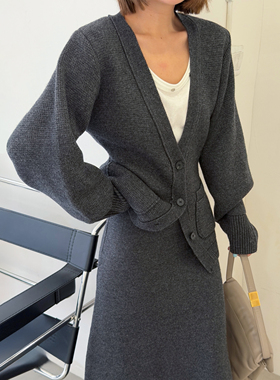LEDIM WANG白标/知性风收腰毛衣开衫女灰色长袖上衣2025秋冬新款