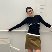 WANG刺绣针织T恤女新款 秋冬新款 长袖 LEDIM 圆领修身 内搭黑色上衣