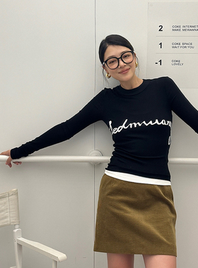 LEDIM WANG刺绣针织T恤女新款秋冬新款长袖圆领修身内搭黑色上衣