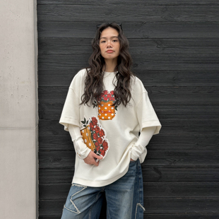 新款 上衣2026春季 WANG奶油白羊毛T恤女莫代尔玫瑰印花短袖 LEDIM