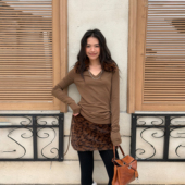 上衣25秋冬新款 LEDIM WANG动物纹可拆毛领V领T恤女内搭长袖