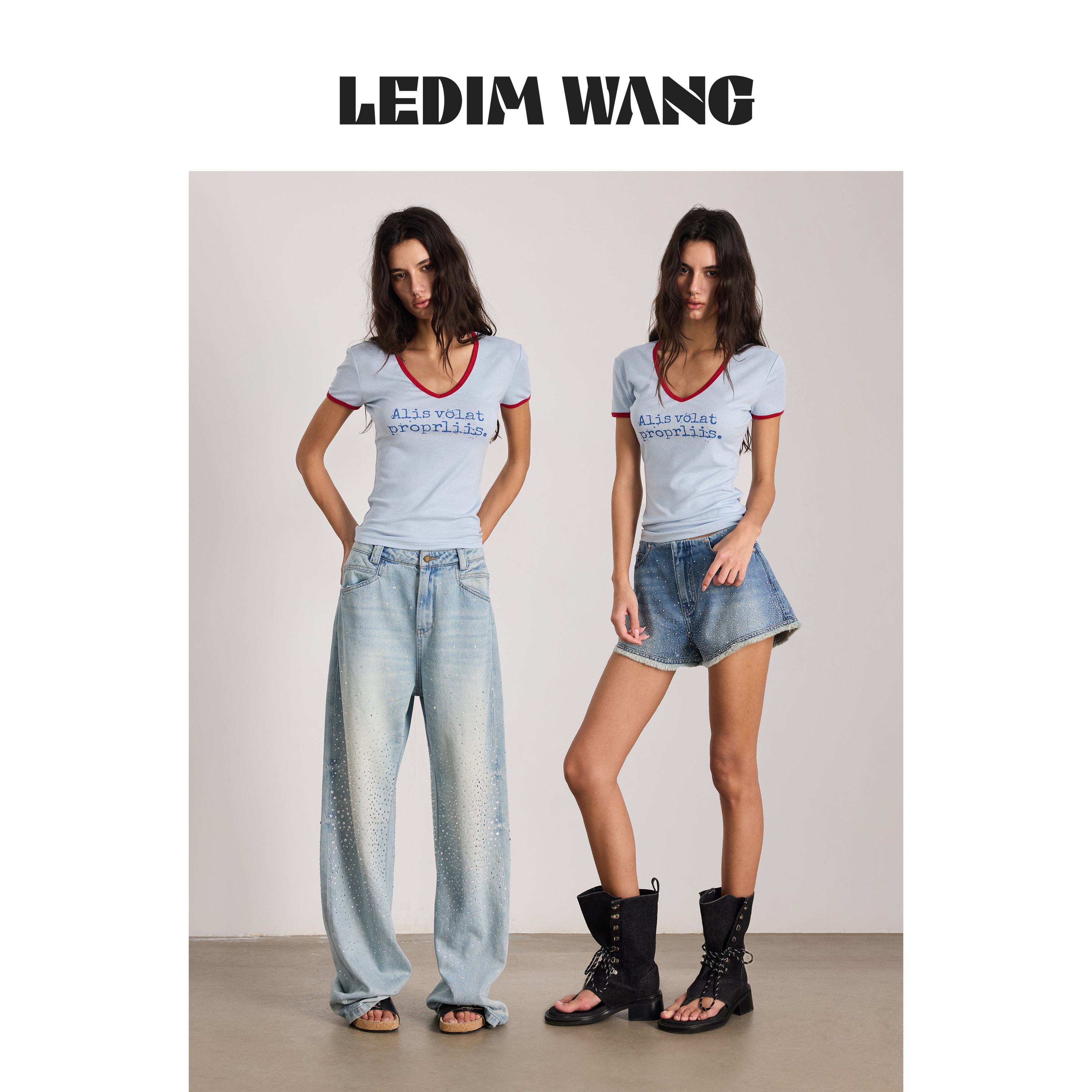 LEDIM WANG撞色印花浅蓝短袖T恤女26夏新款莱塞尔修身V领短袖上衣