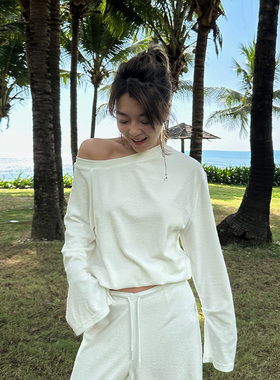 LEDIM WANG纯白毛圈斜肩针织T恤女不对称百搭长袖新款小众设计感