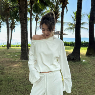 小众设计感 新款 LEDIM WANG纯白毛圈斜肩针织T恤女不对称百搭长袖