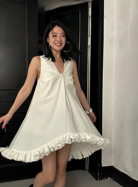 LEDIM WANG荷叶边白色连衣裙女夏纯棉气质无袖a字大摆裙2025新款