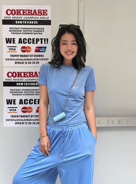 【于文文同款】LEDIM WANG白标/丝绒圆领T恤女夏蓝色修身短袖上衣