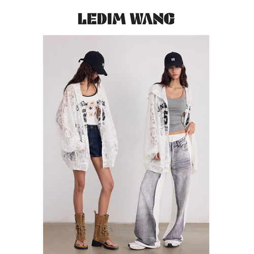LEDIMWANG字母印花蕾丝连帽外套