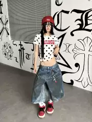 Tr Brushshift American-Style Polka Dot Letter Print Regular Shoulder Short-Sleeve T-Shirt Slim-Fit Waist-Cinching Short Top for Summer