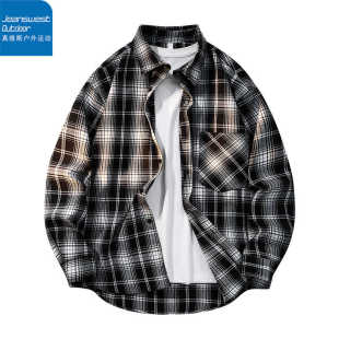 托休闲衬衣潮 男宽松纯棉袖 真维斯户外运动文艺青年黑白格长袖 衬衫