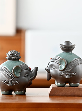 陶瓷大象摆件一对招财新中