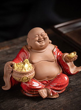 陶瓷中式禅意弥勒摆件创紫