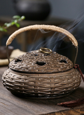 手提式竹篮香炉家用室内复古陶瓷香薰炉驱蚊香器檀香沉香蚊香暖炉