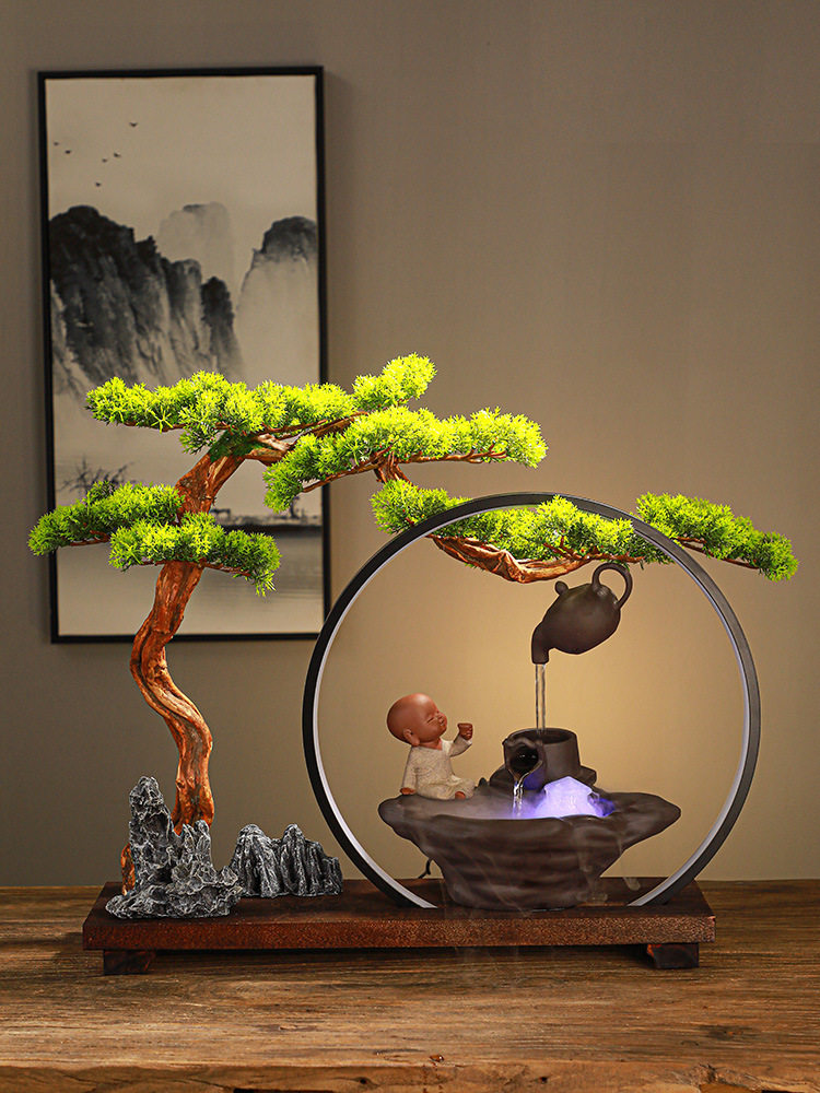 创意家居迎客松悬壶加湿流水玄关客厅收银台鱼缸香炉开业礼品摆件
