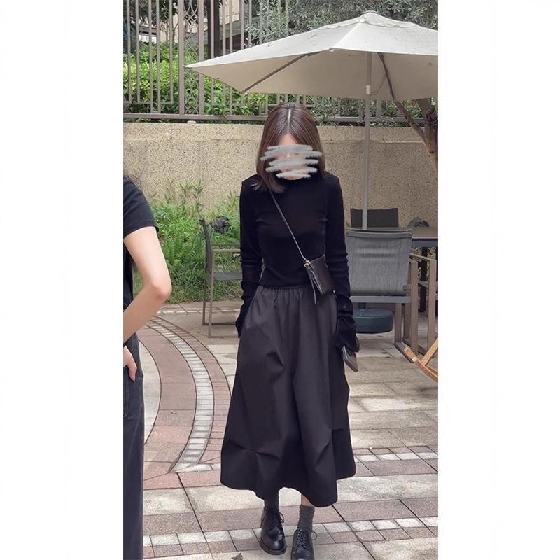 丝绒长袖上衣显瘦设计感半身裙