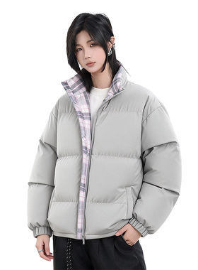 SNUN 潮牌格子装饰拼接立领开衫拉链棉服冬季保暖加厚棉衣外套