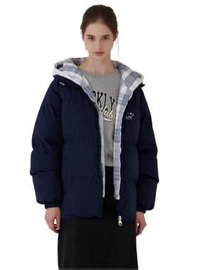 SNUN 美式明星马克签名加厚格子假两件拉链棉服连帽保暖棉衣外套