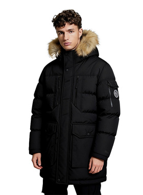 SNUN 潮牌连帽毛领加厚款中长款棉服外套保暖棉衣机能风大衣棉袄