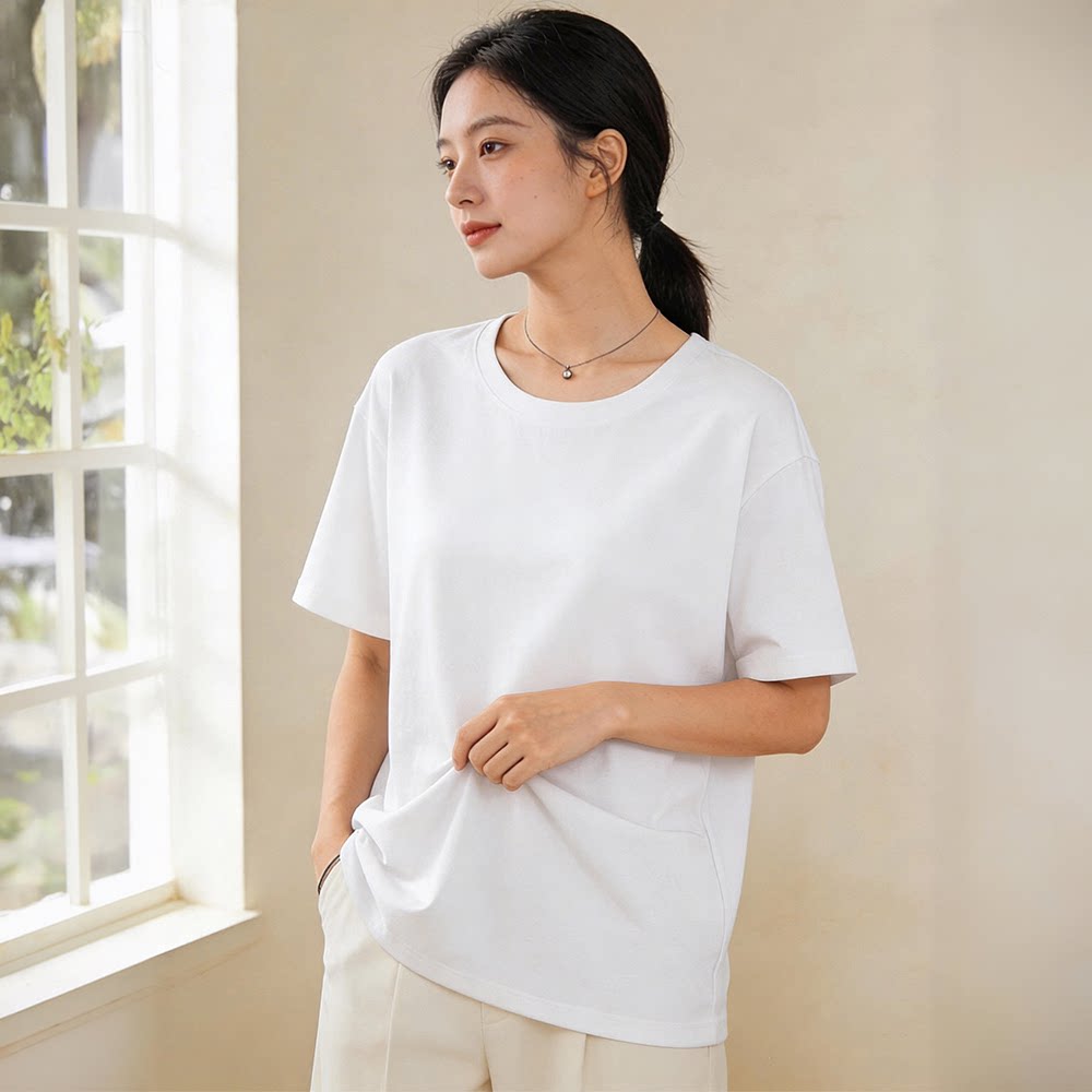白色重磅230g落肩纯棉短袖t恤女宽松圆领2026新款内搭打底衫上衣