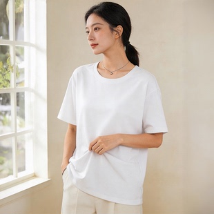 上衣 内搭打底衫 白色重磅230g落肩纯棉短袖 t恤女宽松圆领2026新款