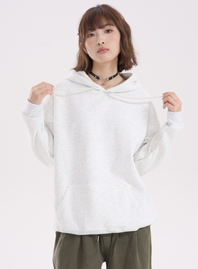 SNUN纯色华棉薄款连帽卫衣复古高街宽松百搭套头上衣潮牌重磅外套