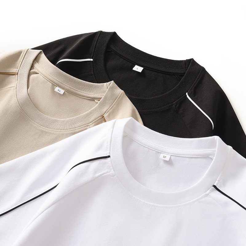 纯棉220g白色插肩短袖t恤女落肩撞边重磅宽松打底衫内搭女士上衣