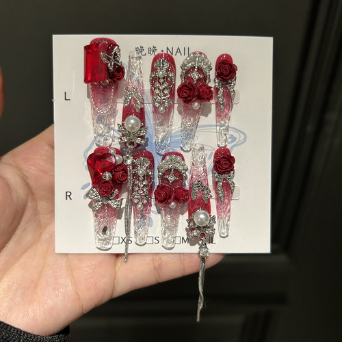 红冰 纯手工穿戴甲可拆卸美甲贴片碎冰冰琉璃甲超显白高级款式