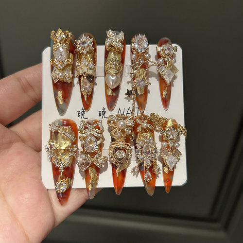 琥珀 全锆配饰东洲钻纯手工穿戴甲高级奢华美甲贴片可定制