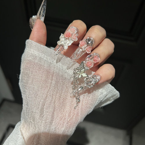 粉冰 纯手工穿戴甲美甲碎冰冰琉璃甲流苏超仙成品贴片手工美甲