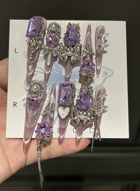 紫云 5.0纯手工原创穿戴紫色辣妹欧美指甲新款高级美甲法式猫眼