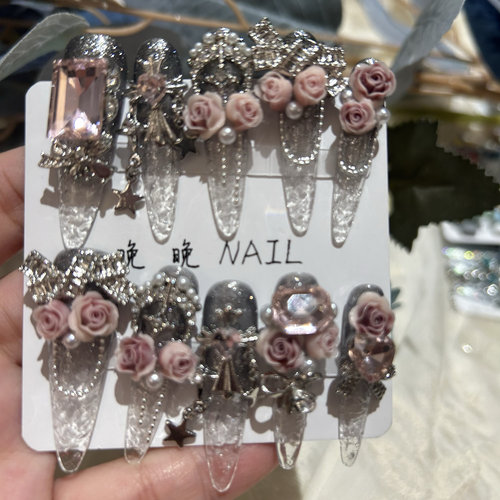 黑粉碎冰冰 手工穿戴甲高级感玫瑰花钻美甲贴片成品可拆卸琉璃甲
