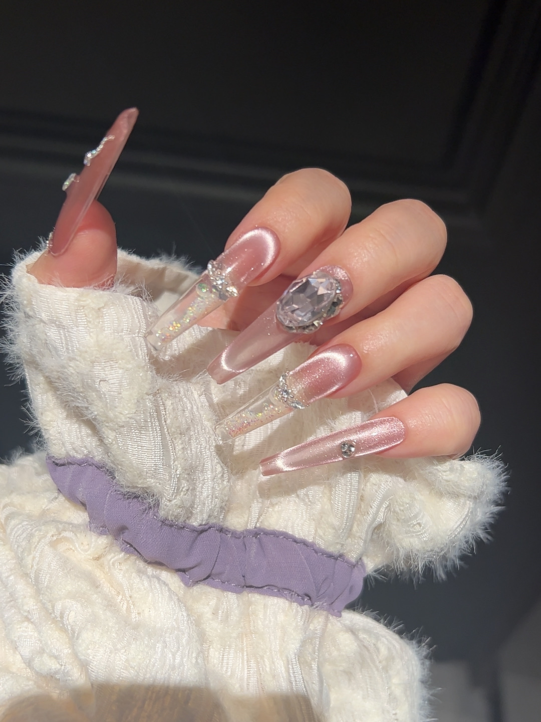 蛇来运转 流麻纯手工穿戴甲流沙款显白裸色东洲钻法式猫眼穿戴甲