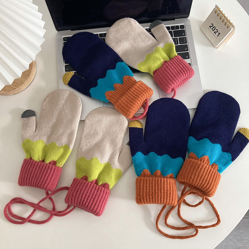 手套女冬季可爱ins条纹撞色全包连指针织毛线挂脖骑行防寒保暖男