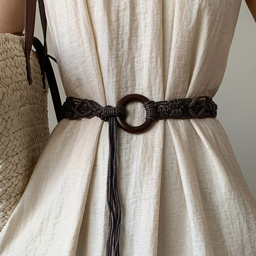 民族风编织木扣蜡绳腰带新款加长流苏串珠腰绳小众设计配裙子装饰