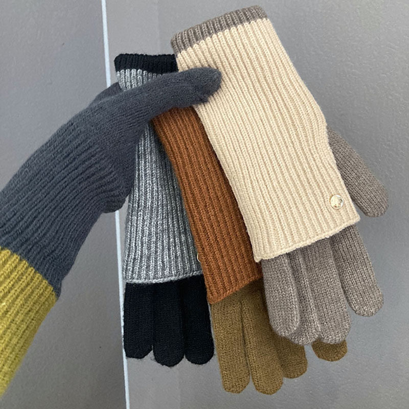 湿美冬季两用拼色针织羊毛手套