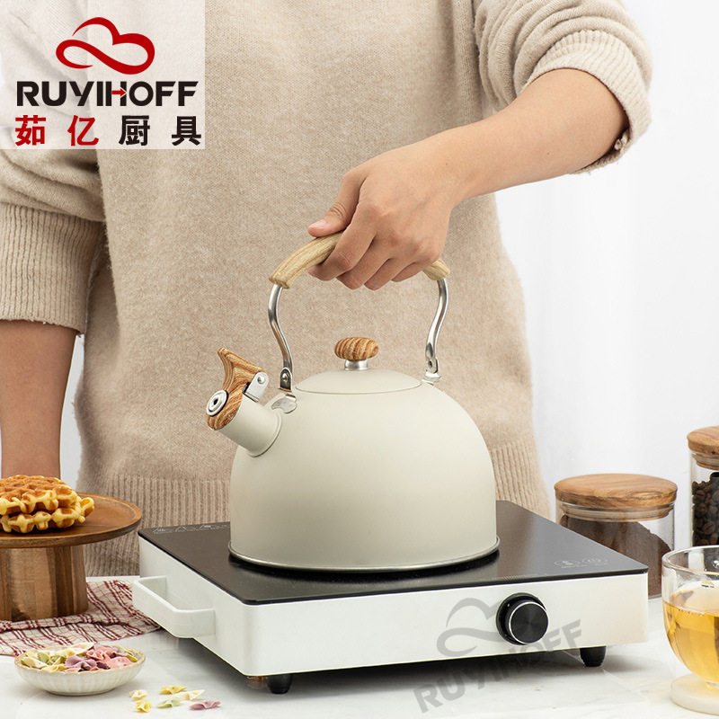 亚马逊跨境鸣笛烧水壶米白色2.5L平底鸣音壶欧式不锈钢口哨壶