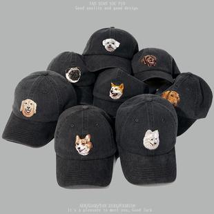 狗头棒球帽男潮牌水洗黑色做旧动物刺绣鸭舌帽子女软顶牛仔帽潮