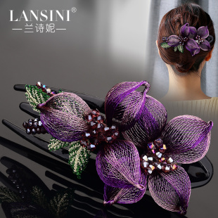 奢华设计感铜丝发卡花朵鸭嘴夹气质高贵抓夹女盘发鲨鱼夹水晶顶夹