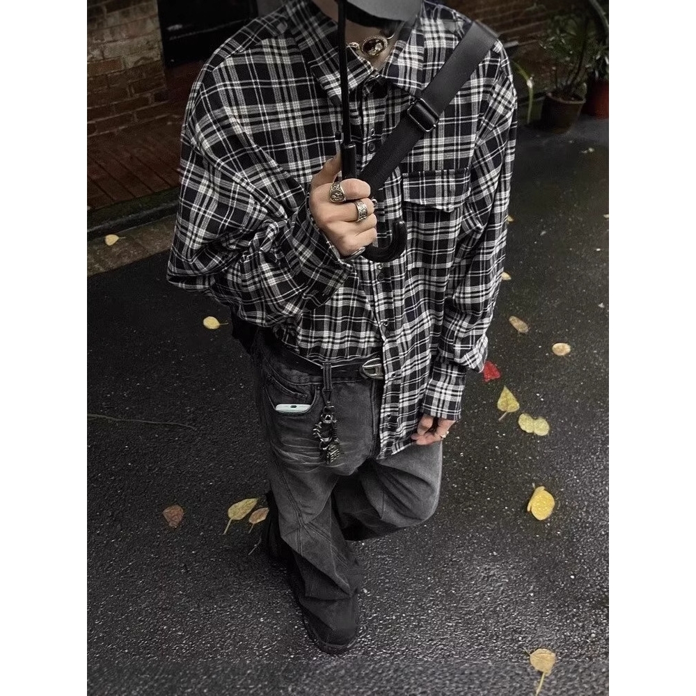 2024经典黑白格子长袖衬衫韩版情侣款春夏季潮流百搭休闲上衣外套